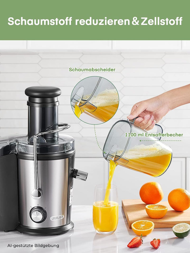 Juilist Entsafter für Gemüse und Obst aus Edelstahl, 800W Saftpresse mit 75MM Einfüllöffnung, 2 Gesc