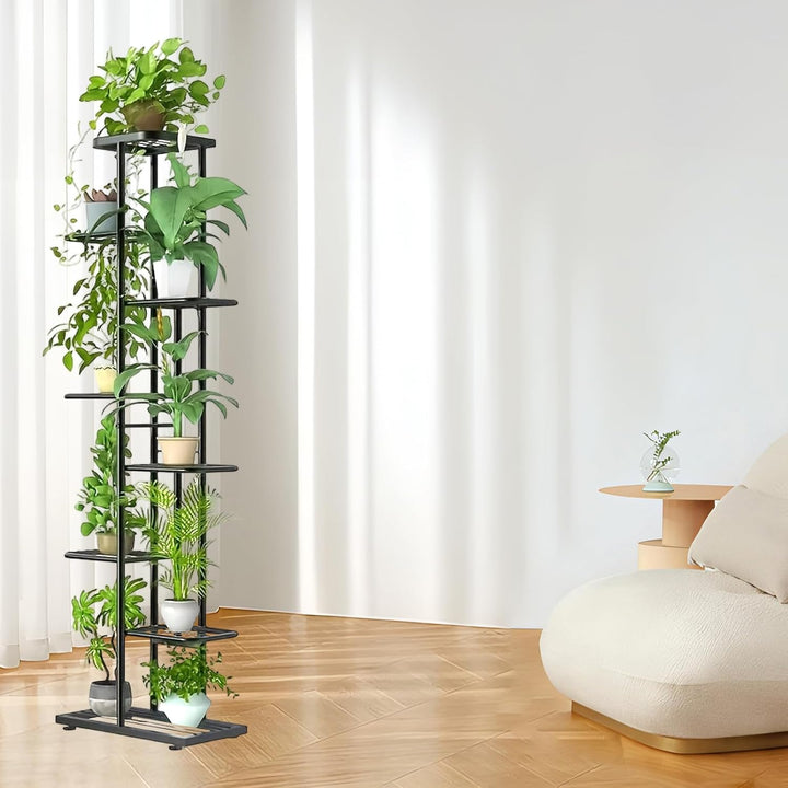 8 Etagen Blumenständer mit Rollen, Hoher Metall Pflanzenständer für 9 Töpfe, 142cm Blumenhalter Schw