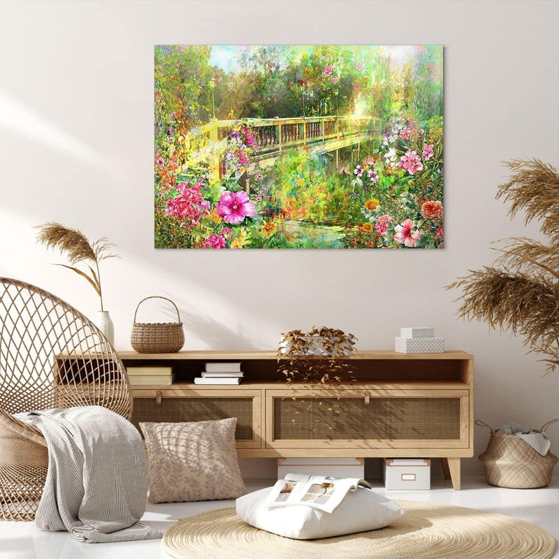 Bilder auf Leinwand 100x70cm Leinwandbild Brücke Park Blume Frühling Gross Wanddeko Bild Schlafzimme