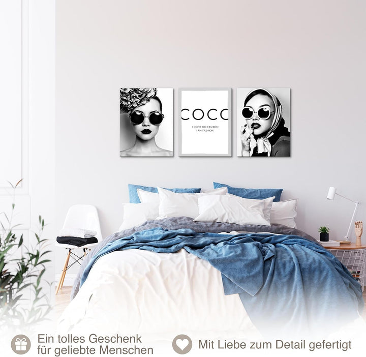 Novart Wandbilder Set Coco Fashion - KOMPLETT AUFHÄNGFERTIG - Wohnzimmer Mädchen Teenager Deko - 3 M