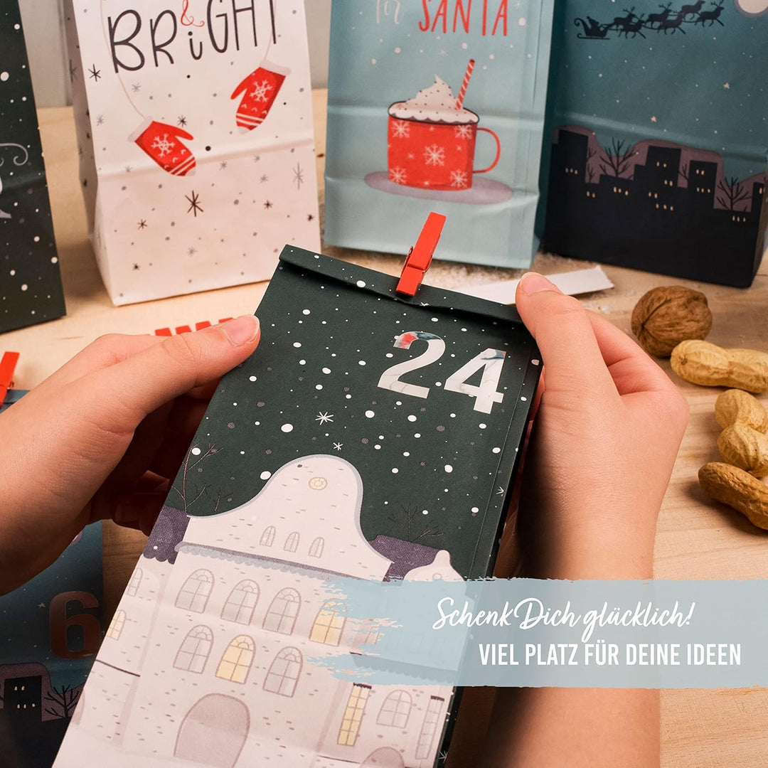 Papierdrachen Adventskalender 2025 zum Befüllen - 24 Papiertüten in Blau mit Zahlenaufklebern & Klam