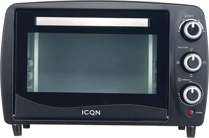 ICQN Kompakter Minibackofen 15 Liter, 1200W, 60 min-Timer, 3 Kochfuntionen, 90°-230°C, Kleiner Campi