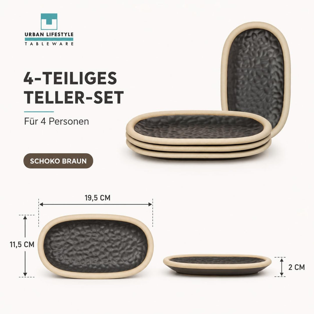 Urban Lifestyle Ovale Dessertteller Set 4er Schwarz 19,5 x 11,5 cm, Rustikale Keramik Tapasteller au
