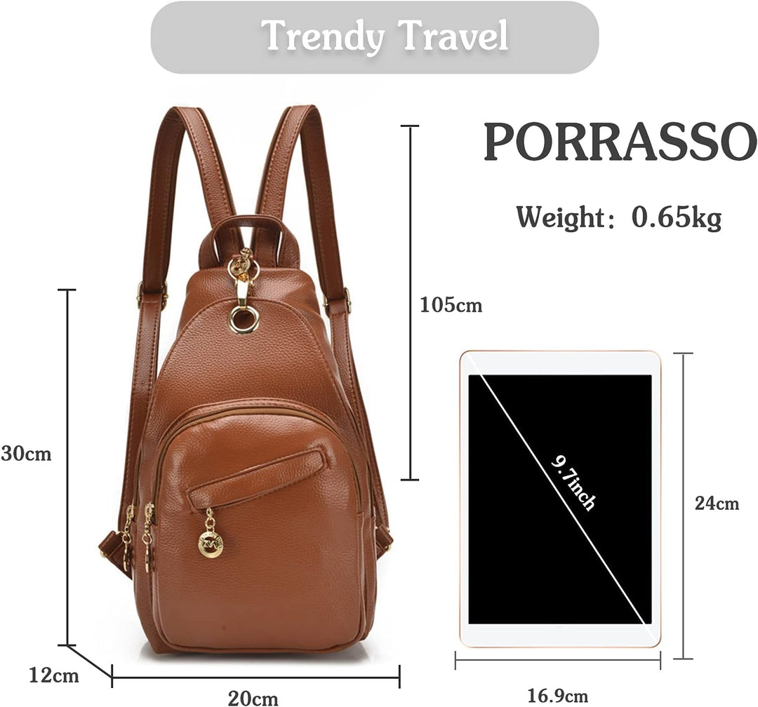 PORRASSO Damen Brusttasche Klein Rucksack Mode Sling Bag Frauen Schultertasche Wasserdicht PU Leder