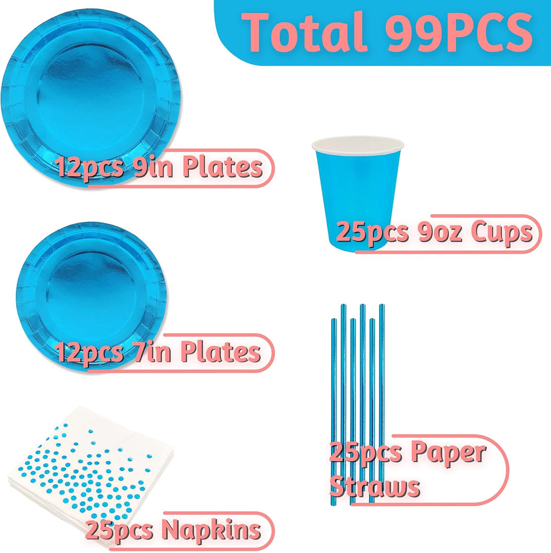 INHEMING Blau Papiergeschirr Set 99 Stück Papier Geschirr Set Enthält Pappteller Pappbecher Serviett