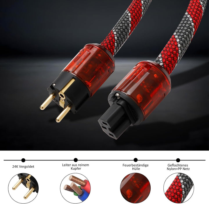 Monosaudio HiFi Netzkabel, φ17mm, 1,5M Kupfer Abschirmung Buchse Kaltgerätekabel 2 polig Hi-End OFC