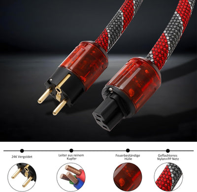 Monosaudio HiFi Netzkabel, φ17mm, 1,5M Kupfer Abschirmung Buchse Kaltgerätekabel 2 polig Hi-End OFC