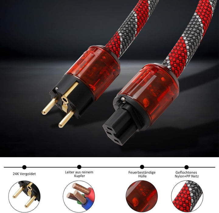 Monosaudio HiFi Netzkabel 17mm 1M/3,3FT Kupfer Abschirmung Buchse Kaltgerätekabel 2 polig Hi-End OFC