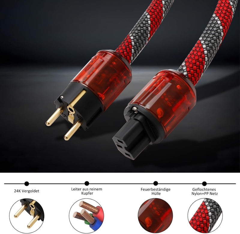 Monosaudio HiFi Netzkabel 17mm 1M/3,3FT Kupfer Abschirmung Buchse Kaltgerätekabel 2 polig Hi-End OFC