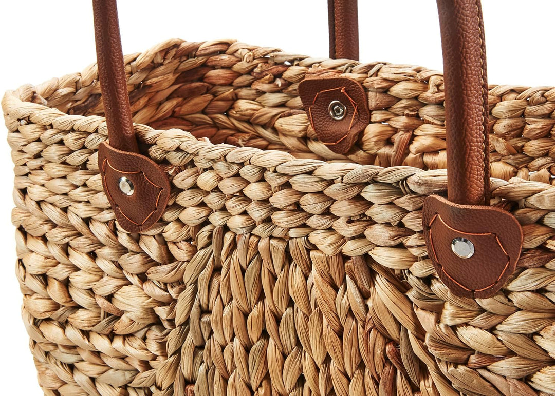 Kobolo Tasche Wasserhyazinthe, 45x18x29 cm, braune, geflochtene Henkeltasche mit robusten Kunstleder