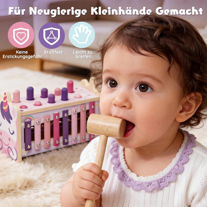 Lehoo Castle Montessori Spielzeug ab 1 Jahr, Hammerspiel mit Xylophon &amp; Zahnrädern, Holz Motorikspie