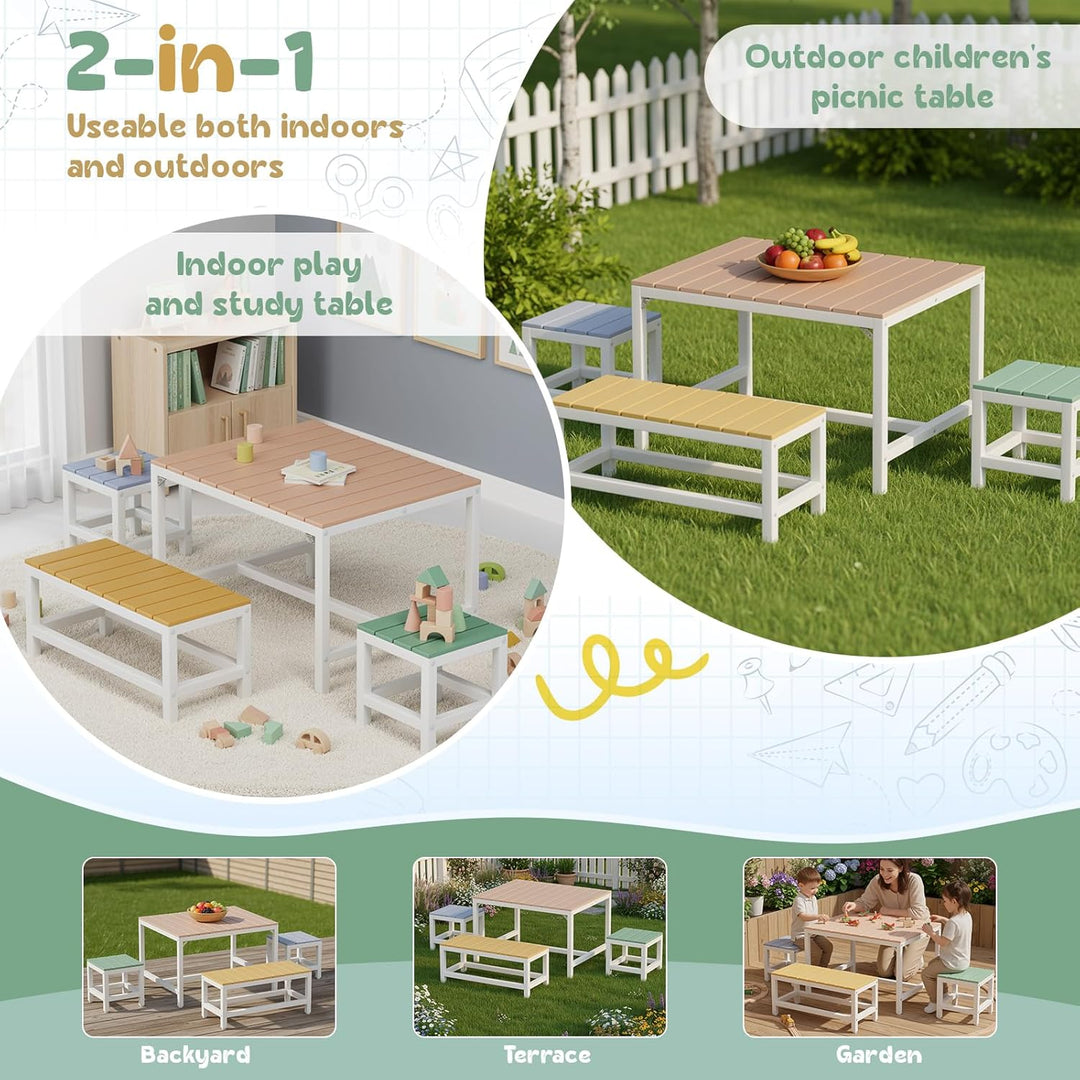 MAMIZO Kindertisch Pappelholz Massivholz, Kinder Tisch Stuhl Set Garten mit wasserdichte Abdeckung,
