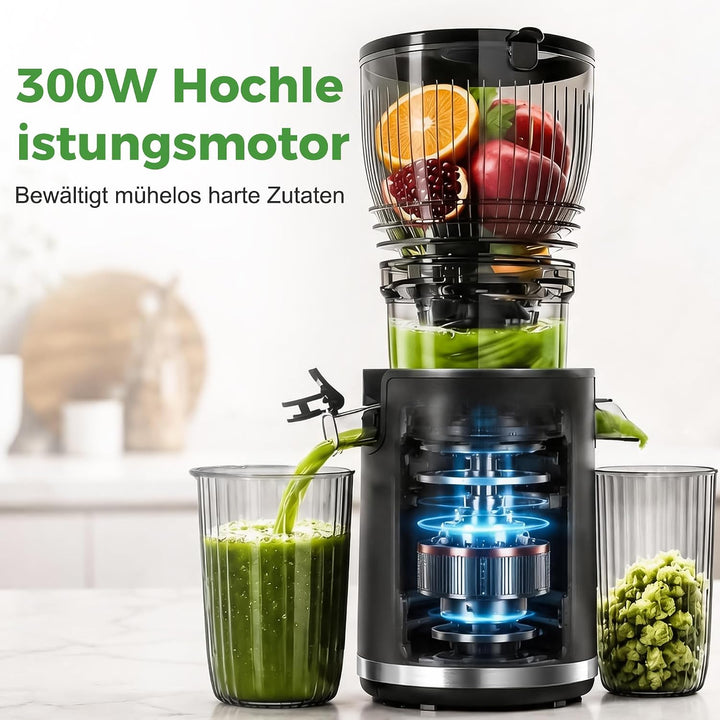 YASHE Entsafter, 300W Slow Juicer mit 148 mm Extra Grossem Einfüllschacht für ganze Früchte & Gemüse