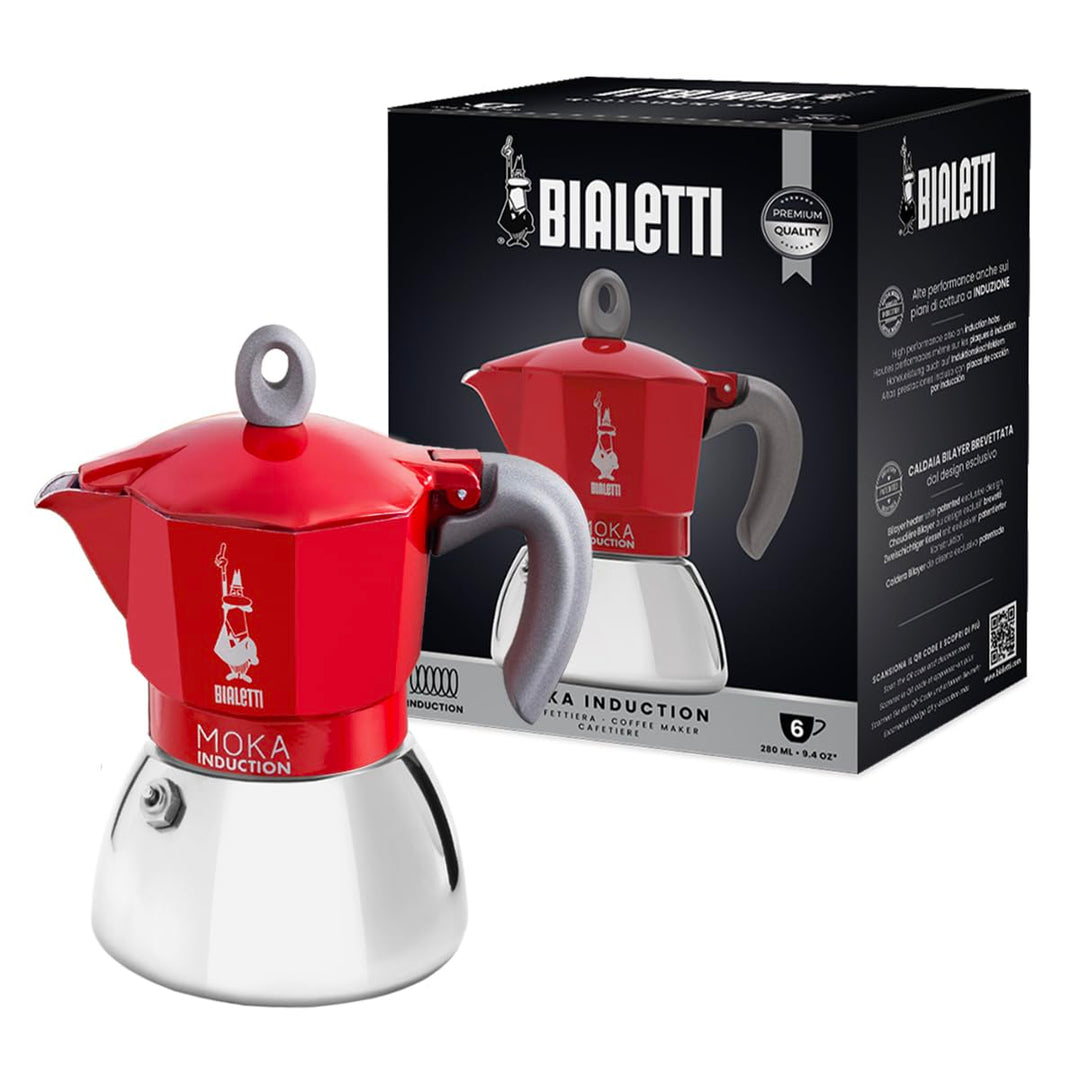 Bialetti - Moka Induction, Kanne, Geeignet für Alle Herdarten, 6 Tassen Espresso (280ml), Rot 6 Tass