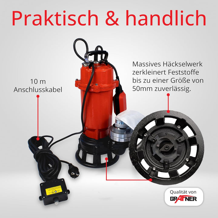 Grafner Profi Fäkalienpumpe 1500 Watt mit Schneidwerk und 30m Schlauch, Schwimmschalter, 15000 l/h,