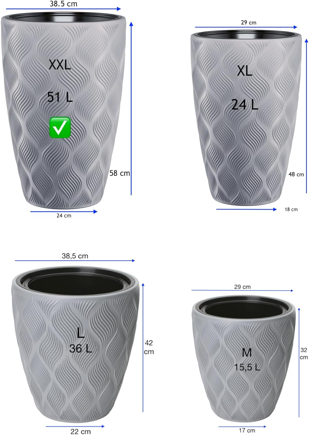 MELTOM Blumentopf mit Bewässerungssystem Rund Hoch 3D Effekt Dekorativ, Farbe: Grau, DxH: 39 x 58 cm