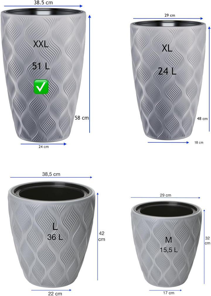 MELTOM Blumentopf mit Bewässerungssystem Rund Hoch 3D Effekt Dekorativ, Farbe: Grau, DxH: 39 x 58 cm