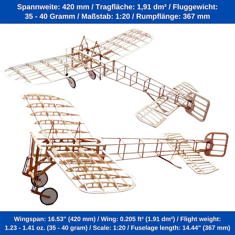 Blériot XI Slow Flyer KIT, 420 mm Spannweite, Massstab 1/20, Modellflugzeug zum selber Bauen, Balsa