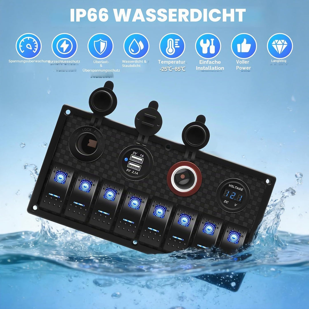 Geloo Marine Boat 8 Gang Schalter Panel Wasserdicht Toggle Rocker Zündschalter mit Voltmeter Display