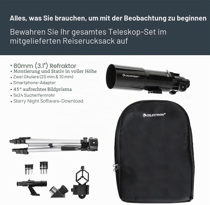 Celestron 22030 Travel Scope tragbares Refraktor-Teleskop 80 mm Linse mit vollvergüteter Glasoptik,