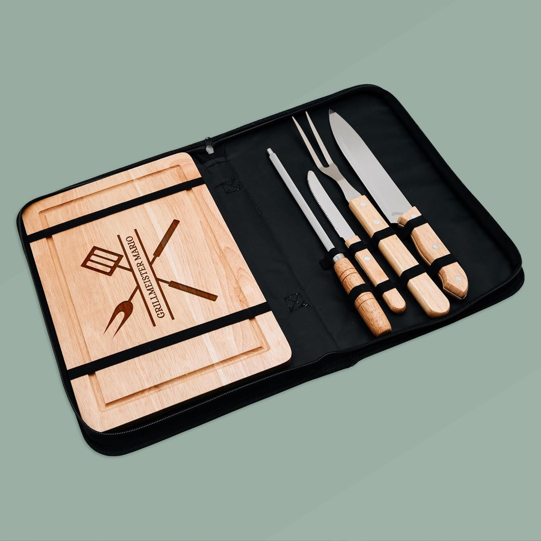 Grillset mit Messer im Messerset, Grillen Geschenk, Grill Accessories, Grillbrett, Geschenke für Män