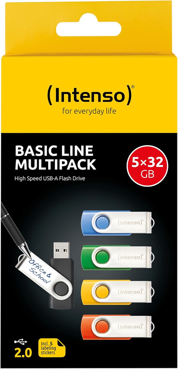 Intenso Basic Line 5X 32 GB USB-Sticks USB 2.0 mit praktischen Beschriftungsetiketten, Gelb, Grün, S