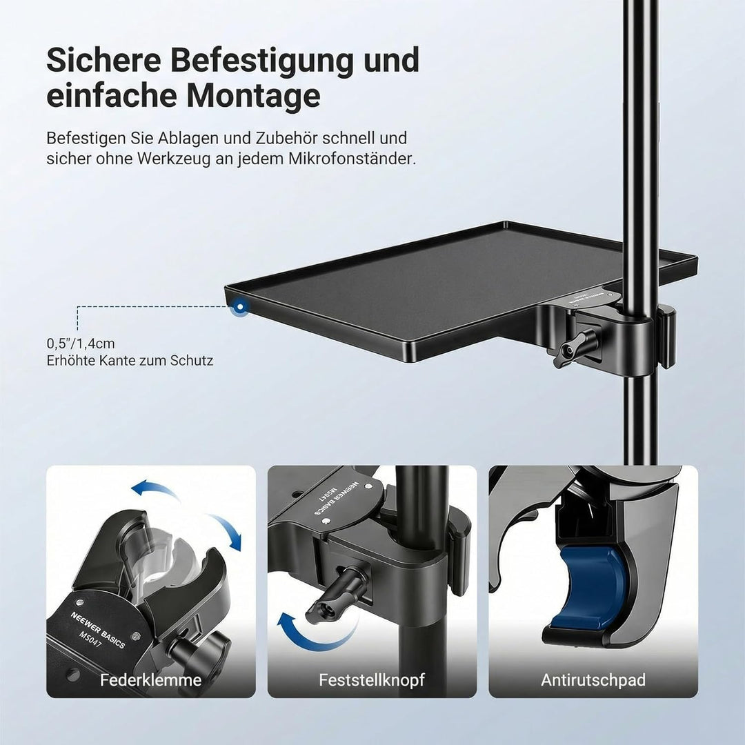 NEEWER BASICS Microphone Stand Ablage, 27 x 20,4 x 3,3cm Klemmbare Tisch Mikrofonständer Tray für St