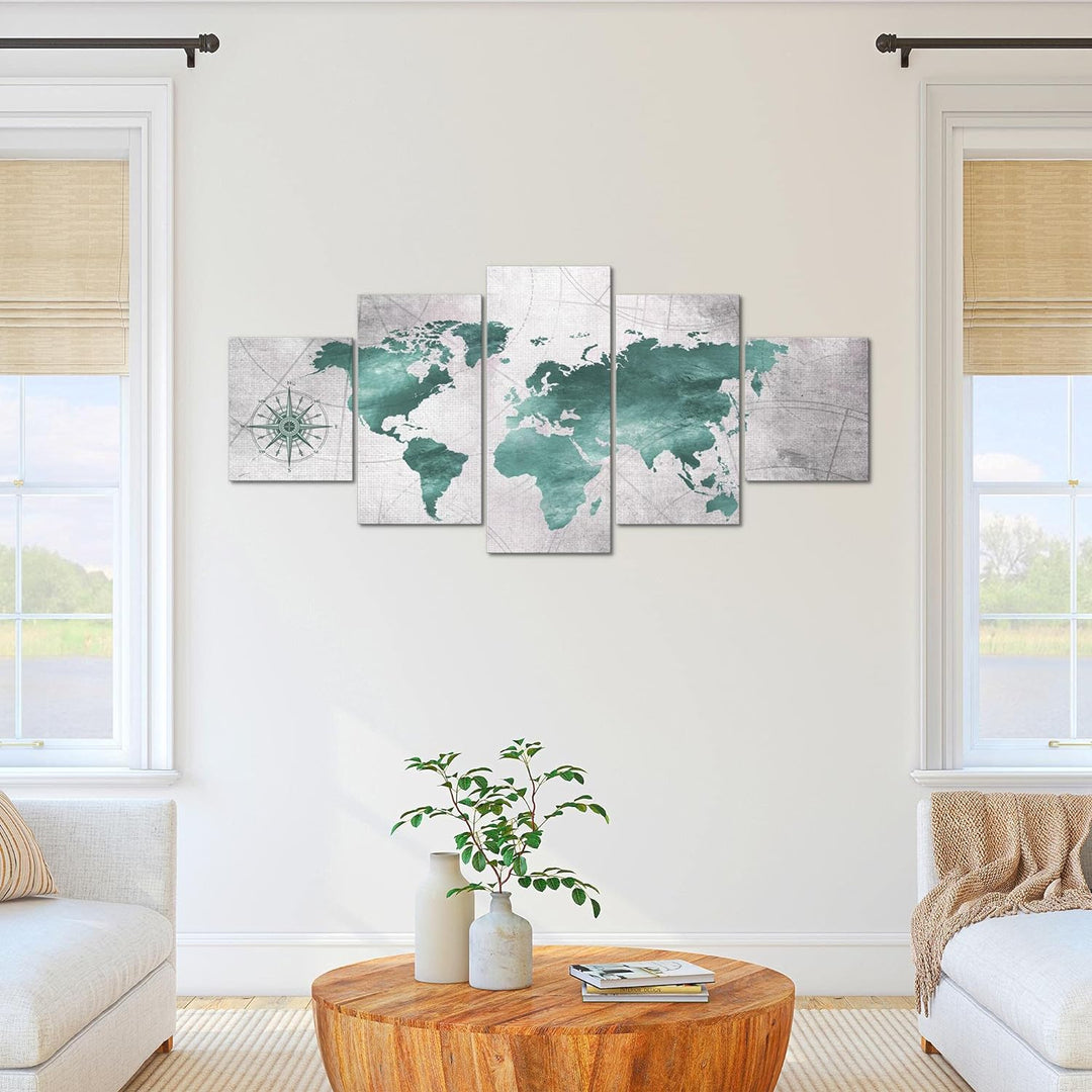Runa Art - Bilder Weltkarte 200 x 100 cm 5 Teilig XXL Wanddekoration Design Grün Grau 026051c 200 x