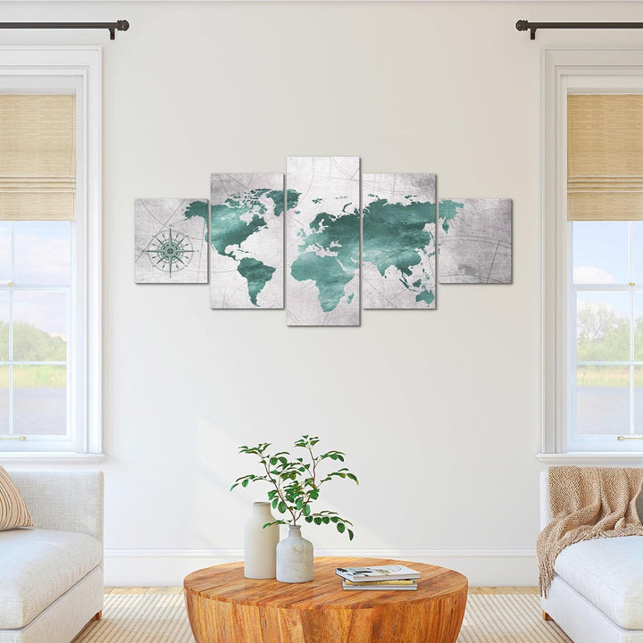 Runa Art - Bilder Weltkarte 200 x 100 cm 5 Teilig XXL Wanddekoration Design Grün Grau 026051c 200 x