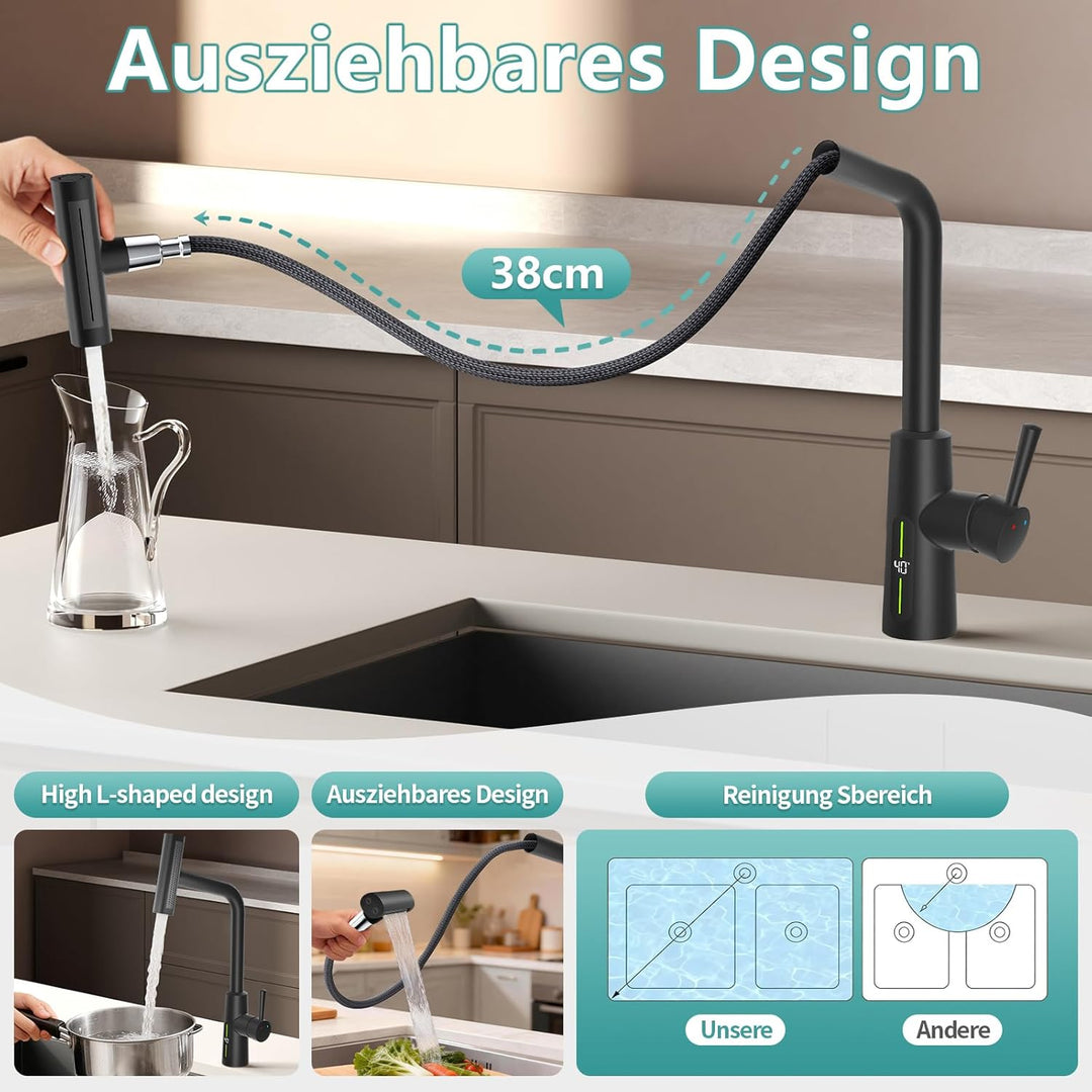 MIAOHUI Küchenarmatur Ausziehbar mit Temperaturanzeige, Einhebel Mischbatterie Küche, 4 Modi Wasserh