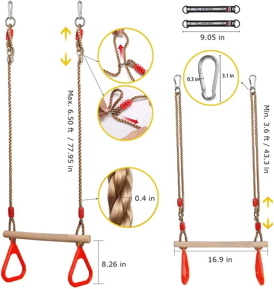 Morwealth Multifunktions Kinderholz Trapeze Schaukel mit Kunststoffringen Turnringe Ringe zum Aufhän