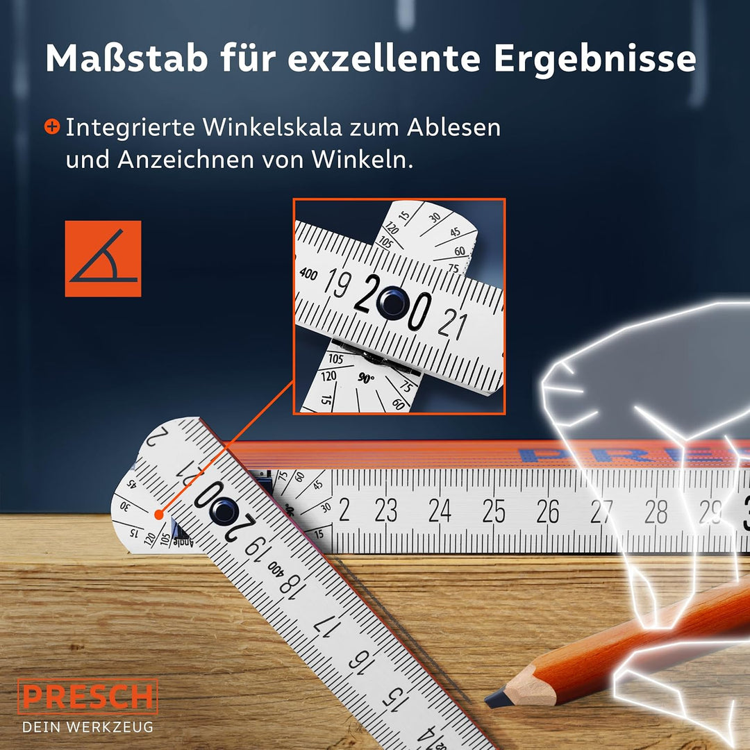 Presch Zollstock 3m mit Winkelfunktion - Holz - Orange - Grosse & sehr gut lesbare Zahlen - Exaktes