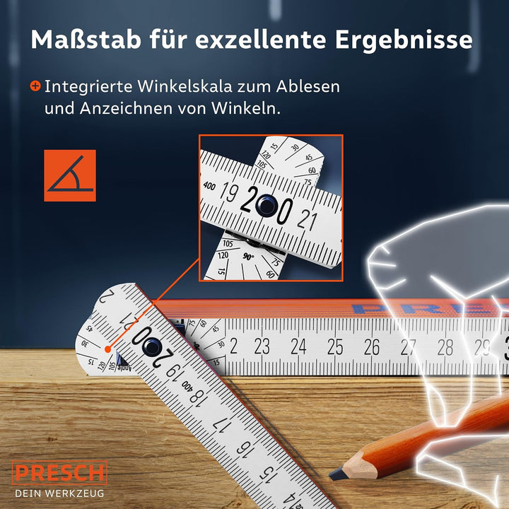 Presch Zollstock 3m mit Winkelfunktion - Holz - Orange - Grosse & sehr gut lesbare Zahlen - Exaktes