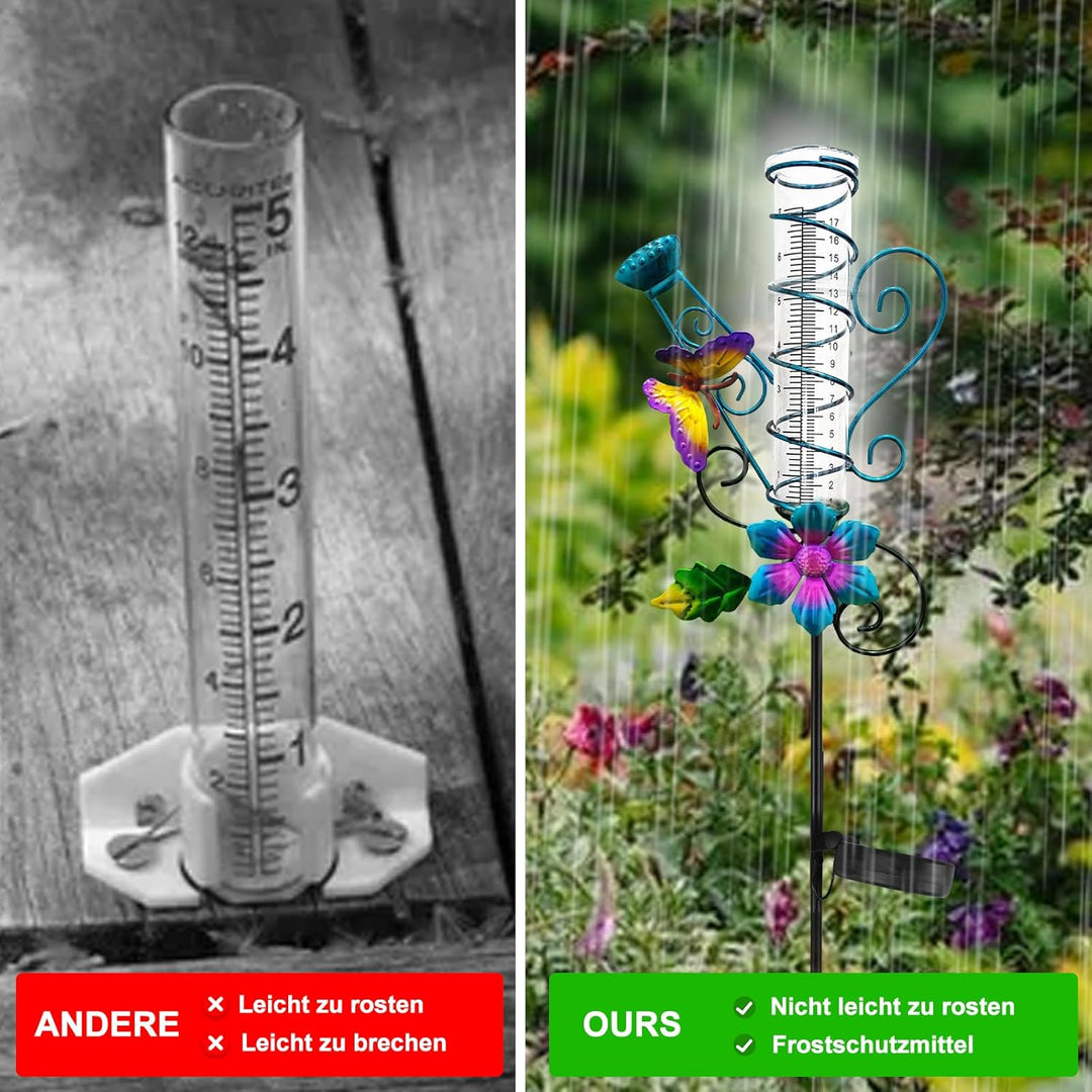 Solar Regenmesser für Garten mit Erdspiess und LED, Niederschlagsmesser Frostsicher Glas für Rasen,