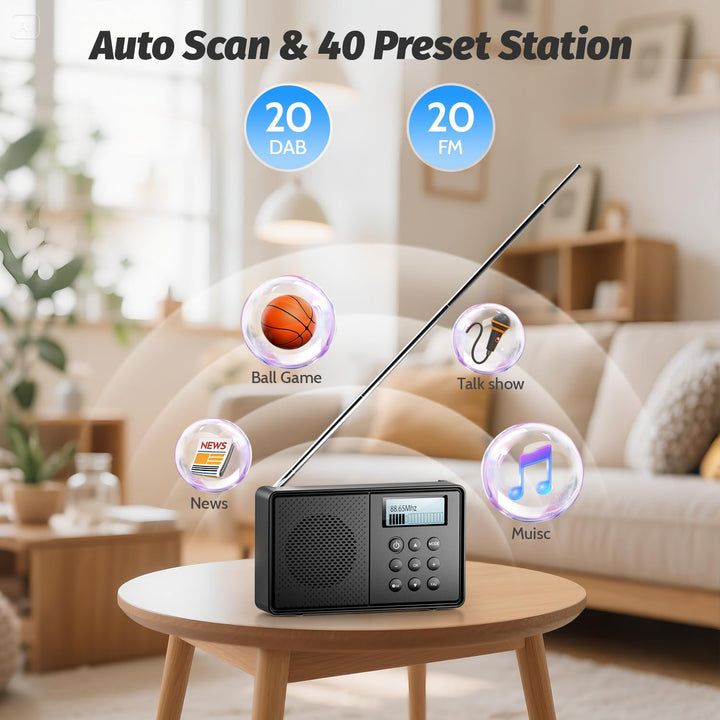 Arafuna DAB Plus Radio mit 40 Voreinstellungen, DAB Radio mit Bluetooth, 2200mAh Digitalradio, Dual