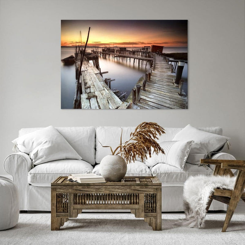 Bilder auf Leinwand 100x70cm Leinwandbild mit Rahmen Brücke Boot Meer Gross Wanddeko Bild Schlafzimm