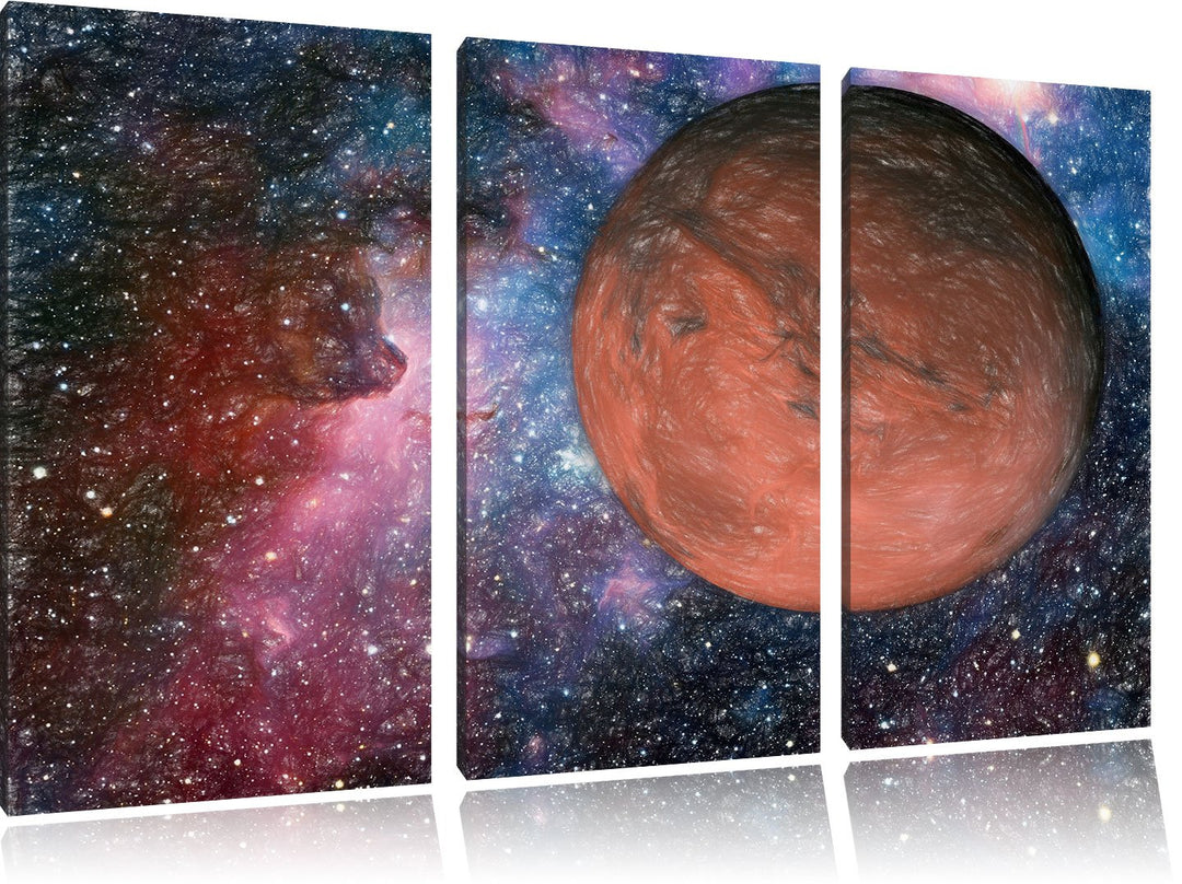 Pixxprint Mars im Weltall Kunst Buntstift Effekt 3-Teiler Leinwandbild 120x80 Bild auf Leinwand