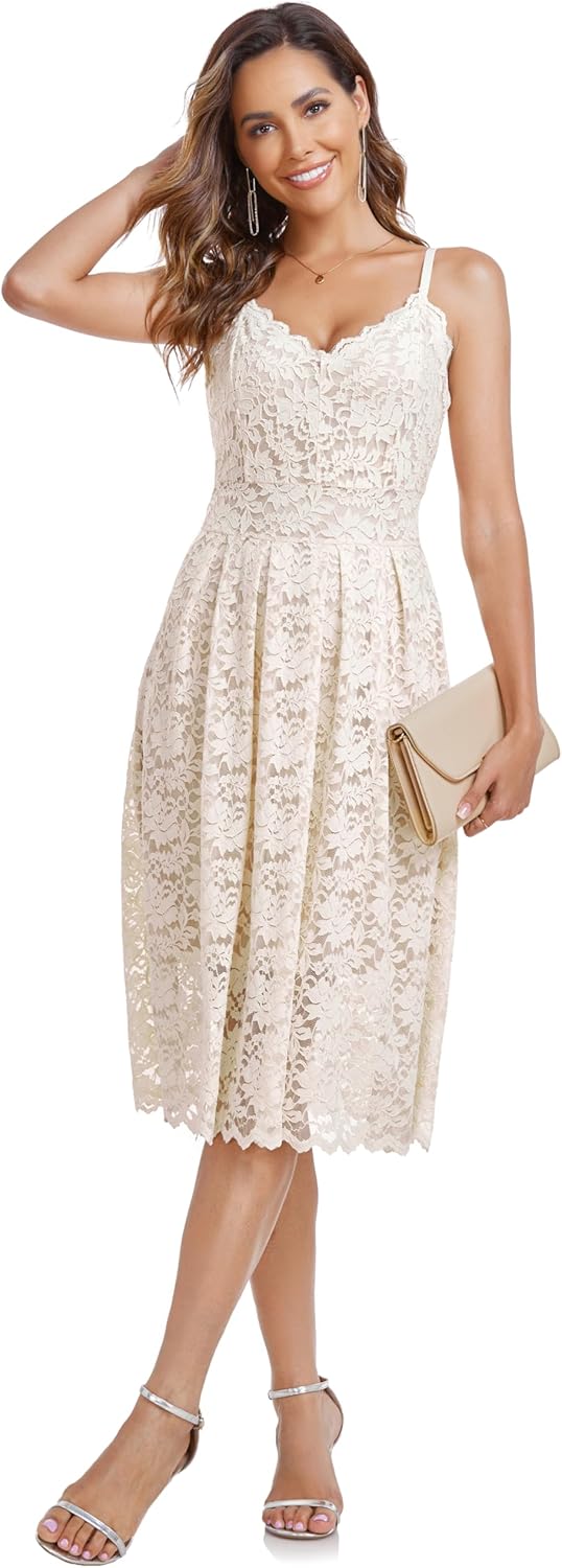Atnlewhi Damen Vintage ärmellosen V-Ausschnitt A-Linie Kleid Blumen Knielang Spitzenkleid Brautjungf