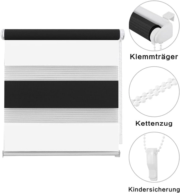 Eurohome Doppelrollo Klemmfix ohne Bohren, Duo Rollo,40cm x 130cm (Stoffbreite 36 cm) Weiss+schwarz