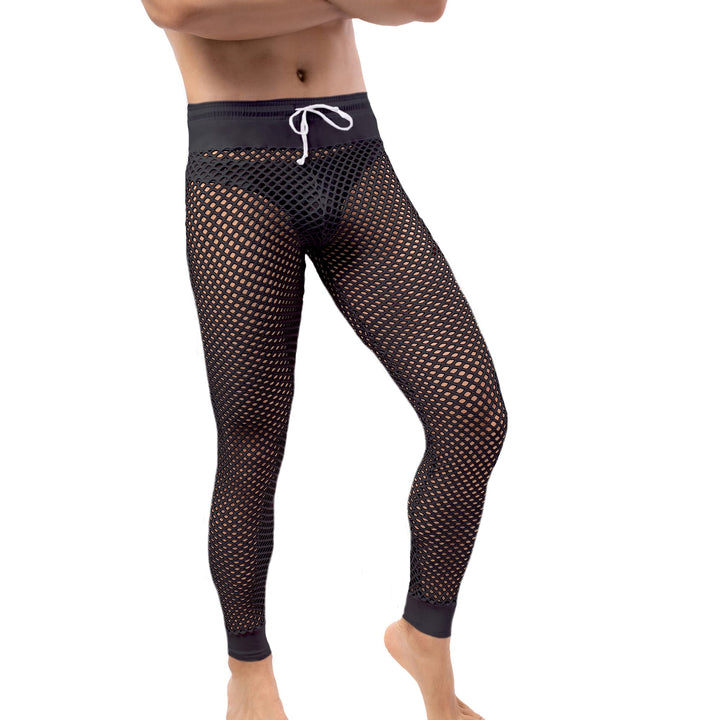 QiaTi Herren Fischnetzhose Mesh durchsichtige Muskelleggings Dehnbare Lange Hose mit Kordelzug M Sch