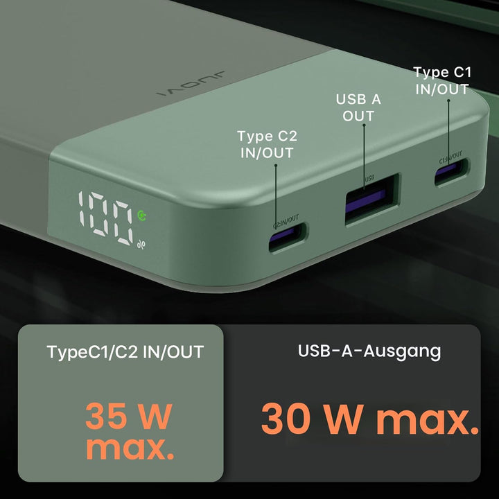 JUOVI Tragbare Powerbank 10000 mAh 35 W Schnellladung Tragbares Ladegerät mit PD 3.0 QC 4.0, 2 Typ-C