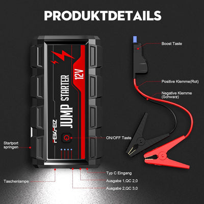 FEIKFEIZ Starthilfe Powerbank 4000A,Auto Starthilfe 12V (8,0L Benzin und Bis Zu 6,0L Diesel), Auto B