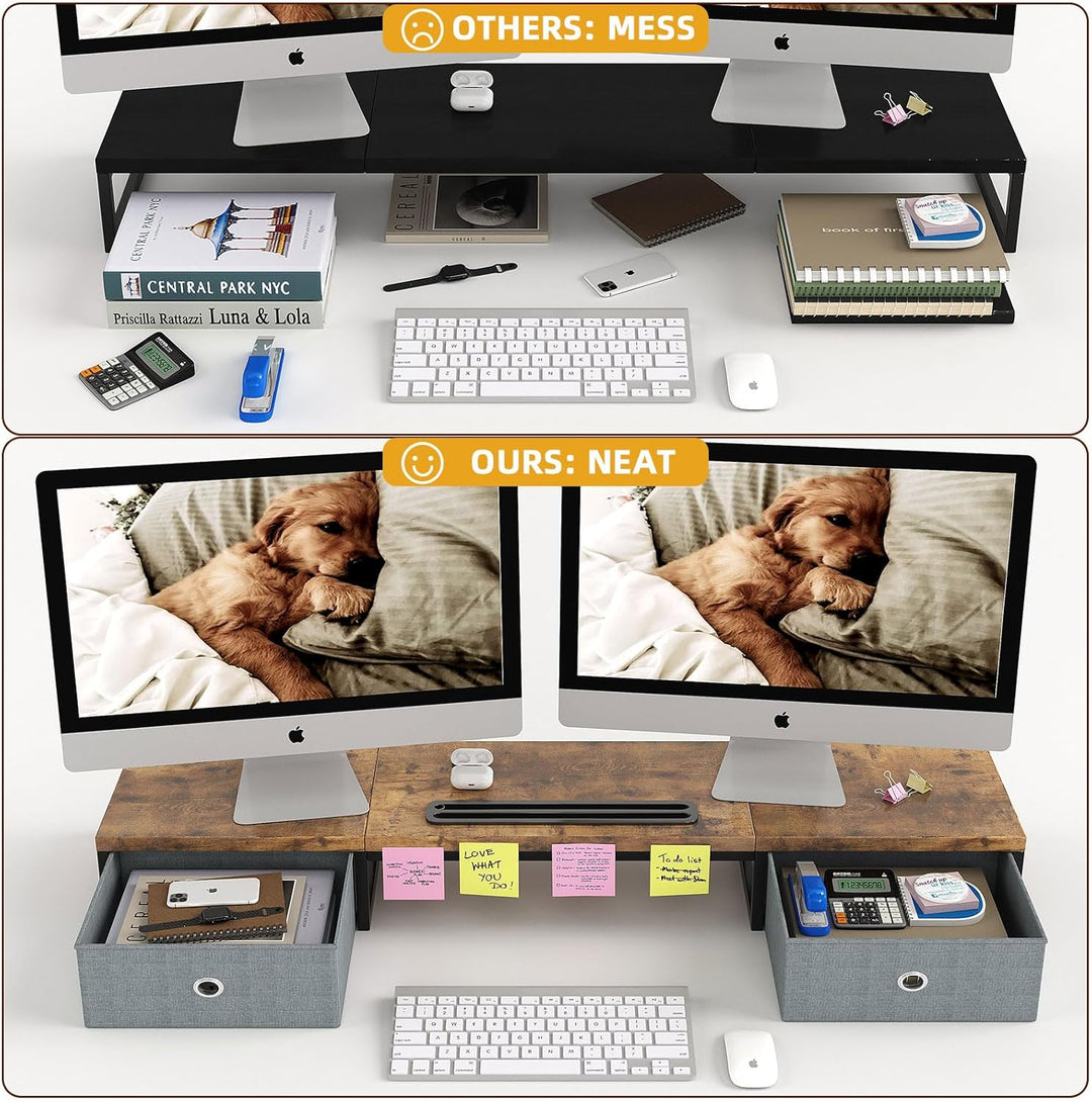Dual Monitor Stand Riser mit 2 Schubladen - 100CM grosse Lagerung Computer Monitorständer für 2 Moni
