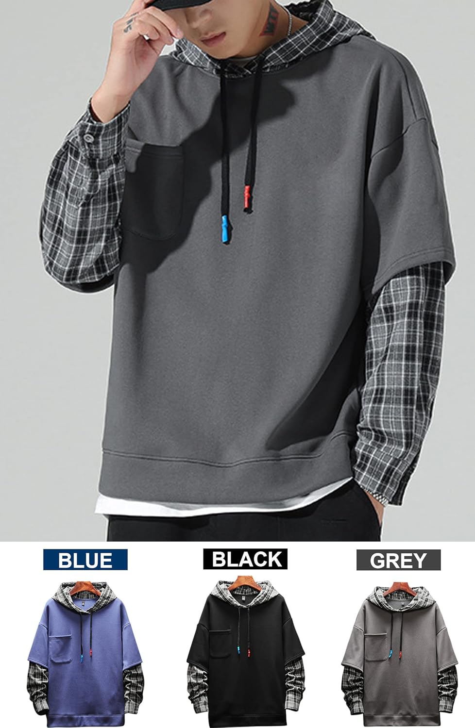 Moshtashio Kapuzenpullover für Herren, Patchwork Hoodie mit Kontrastfarbe Langarm Basic Sweatshirt P