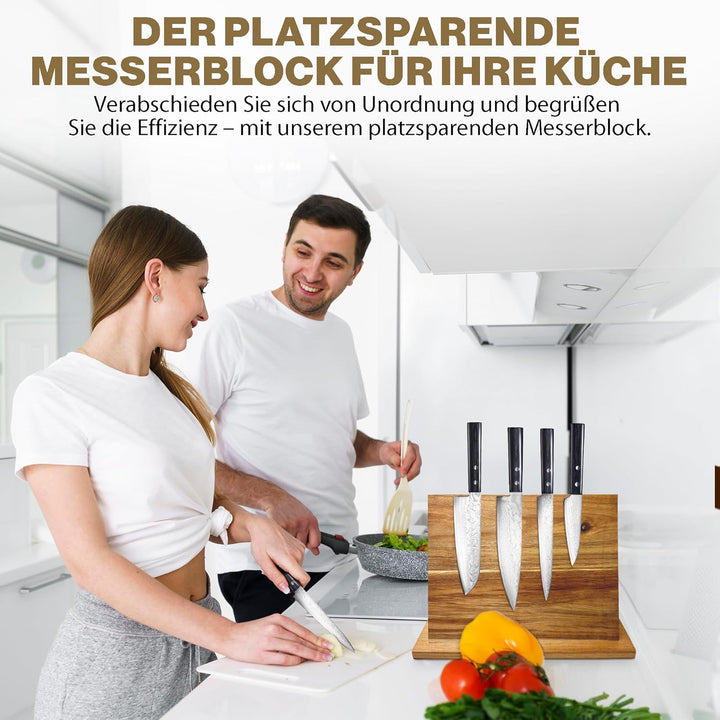 TOPANBIETER 999 Magnetischer Messerblock aus Akazienholz - Doppelseitig nutzbar, Kochbuchhalter & Me