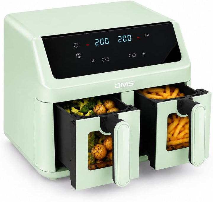DMS® Doppelkammer Heissluftfritteuse 9L 2000W Air Fryer, Digitales Touch-Display, Dual Zone, 8 Autom