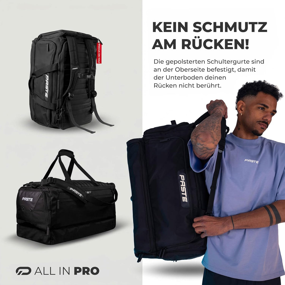 PASTE® - Premium Sporttasche 63L mit Rucksackfunktion und Kühlfunktion, Schuhfach & Nassfach Schwarz