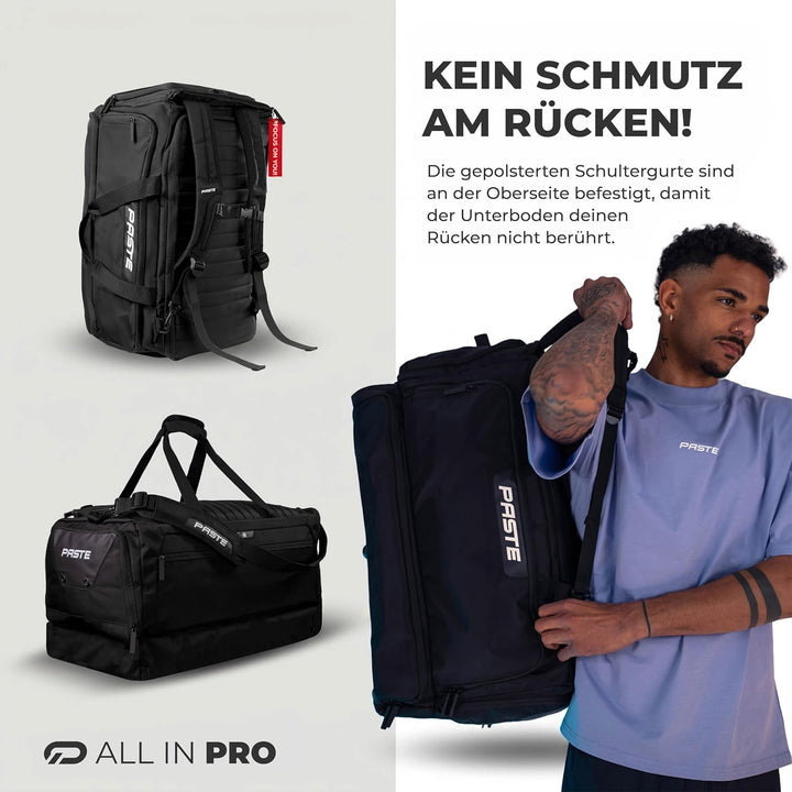 PASTE® - Premium Sporttasche 63L mit Rucksackfunktion und Kühlfunktion, Schuhfach & Nassfach Schwarz