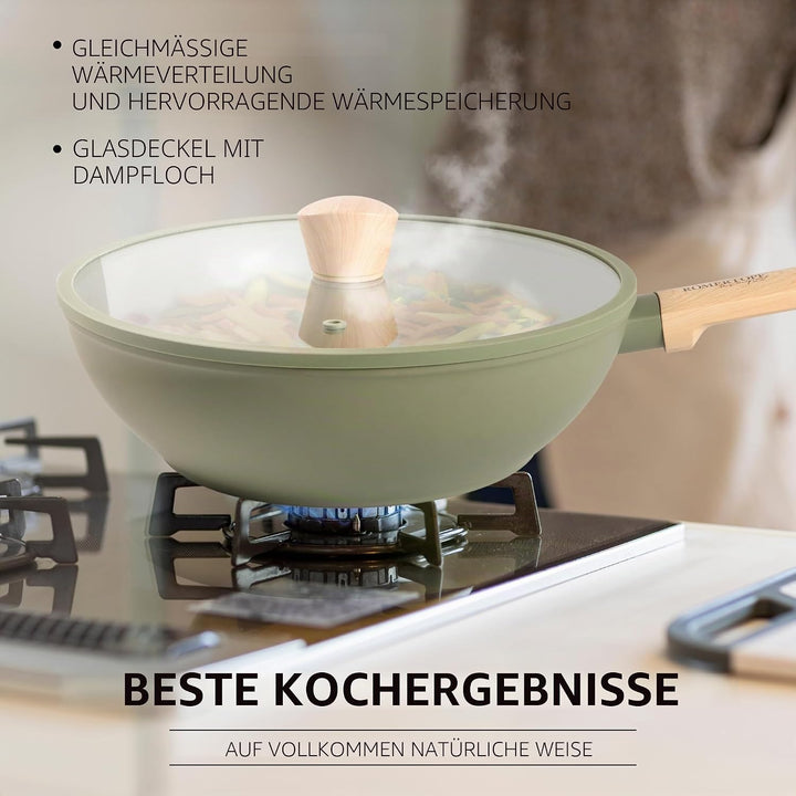Romertopf Wok 28 cm mit Glasdeckel, 3,52 l Fassungsvermögen, Aluminium mit Keramik Antihaftbeschicht