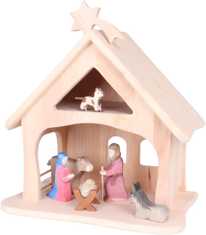 Holzspielzeug Peitz Kleine Massivholz-Weihnachtskrippe 2444 - Kinder-Bauernhof - Krippenstall